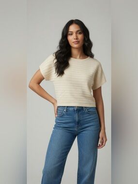 Tahari Cream Short-Sleeve Textured Knit Top